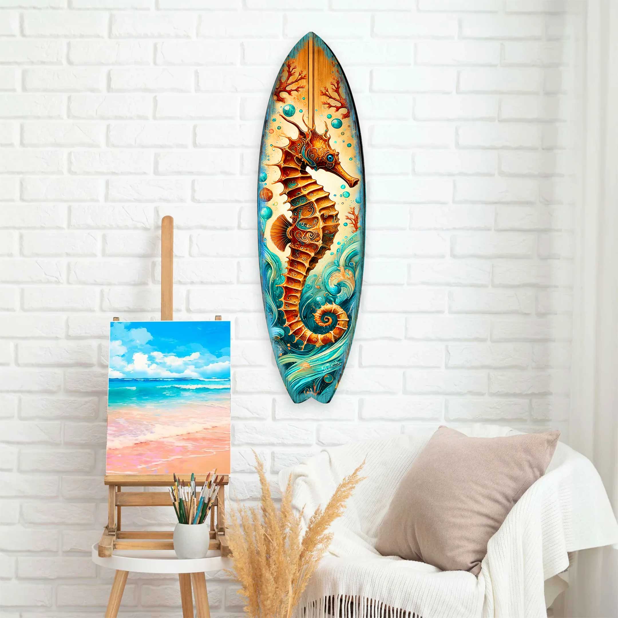 Seahorse Coastal Surfboard Wall Art – Handcrafted Wooden Ocean Decor by G.DeBrekht