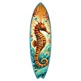 Surfboard art featuring a detailed orange seahorse surrounded by coral and blue ocean waves, blending warm and cool colors vertically.