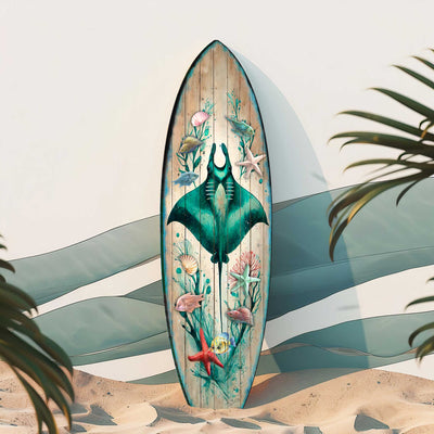 Manta Ray Surfboard Wall Art showing a manta ray, sea creatures, coral, and reef fish on birch wood
