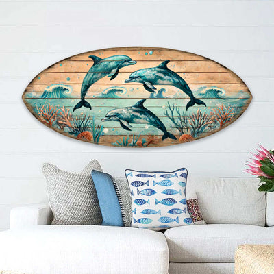 Dolphin Dance Surfboard Wall Art – Handcrafted Coastal Wooden Decor by G.DeBrekht