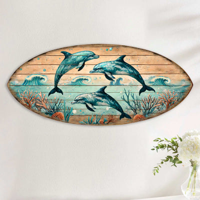 Dolphin Dance Surfboard Wall Art – Handcrafted Coastal Wooden Decor by G.DeBrekht