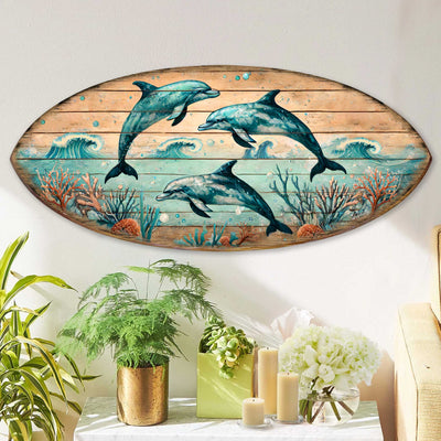 Dolphin Dance Surfboard Wall Art – Handcrafted Coastal Wooden Decor by G.DeBrekht
