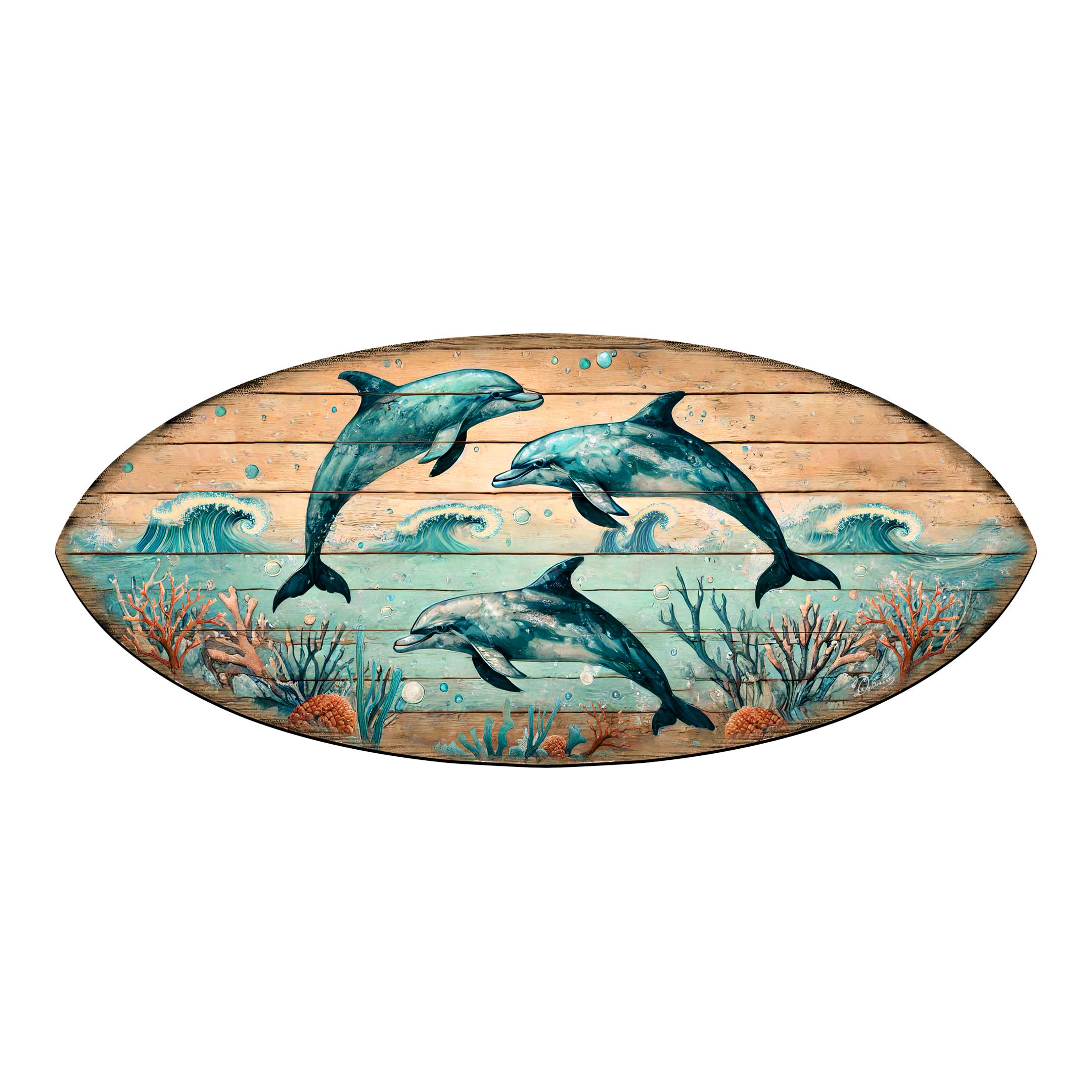 Dolphin Dance Surfboard Wall Art – Handcrafted Coastal Wooden Decor by G.DeBrekht