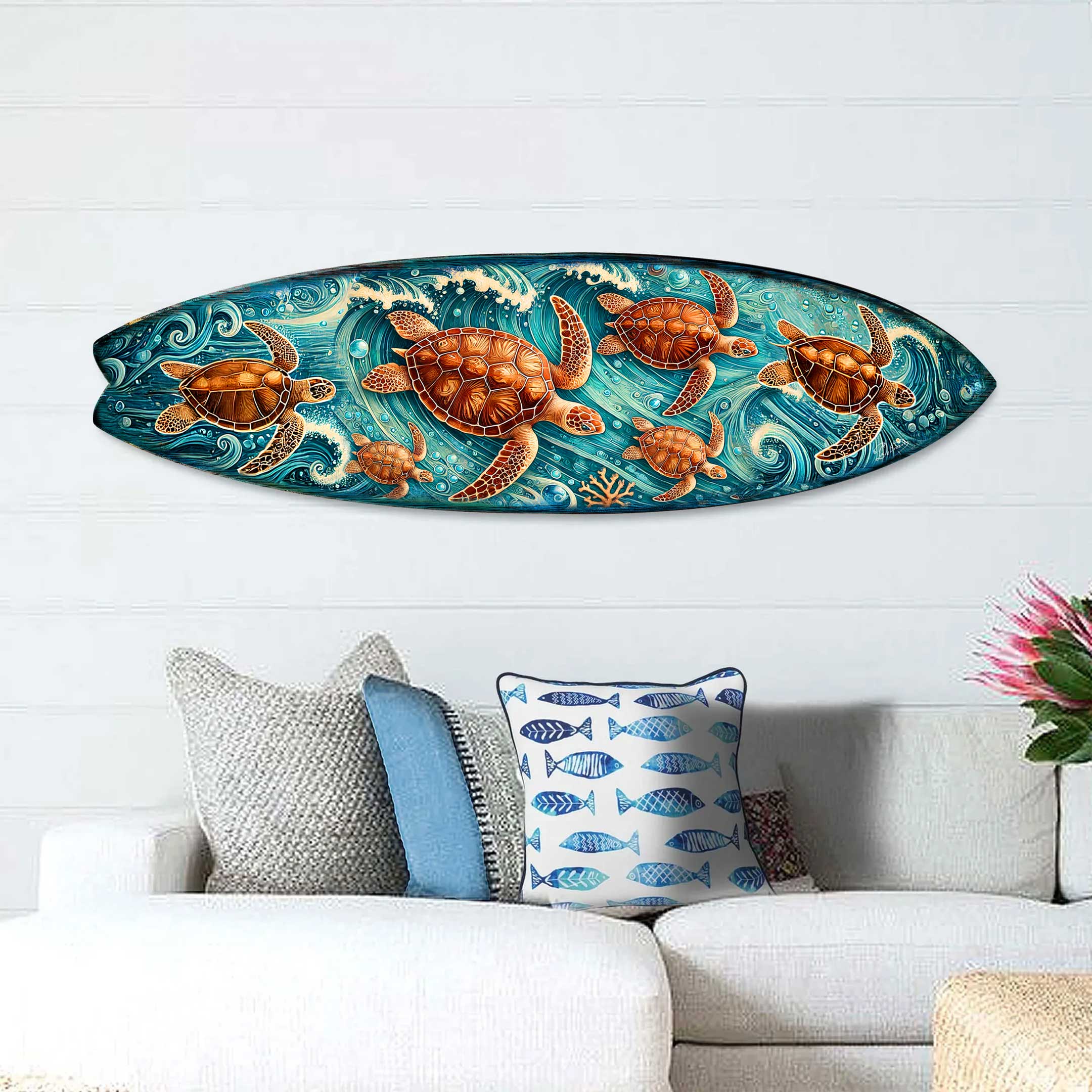 Sea Turtle Surfboard Coastal Wall Art – Handcrafted Ocean Wave Wooden Décor by G.DeBrekht