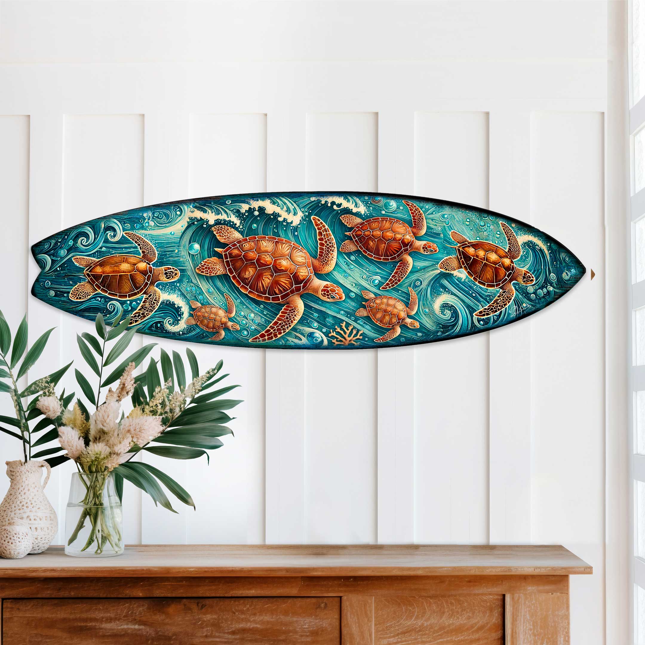Sea Turtle Surfboard Coastal Wall Art featuring a family of sea turtles swimming through ocean waves on wooden surfboard-shaped art.
