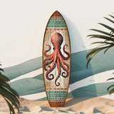 Red octopus design on handcrafted wooden surfboard wall art by G.DeBrekht, coastal indoor/outdoor decor