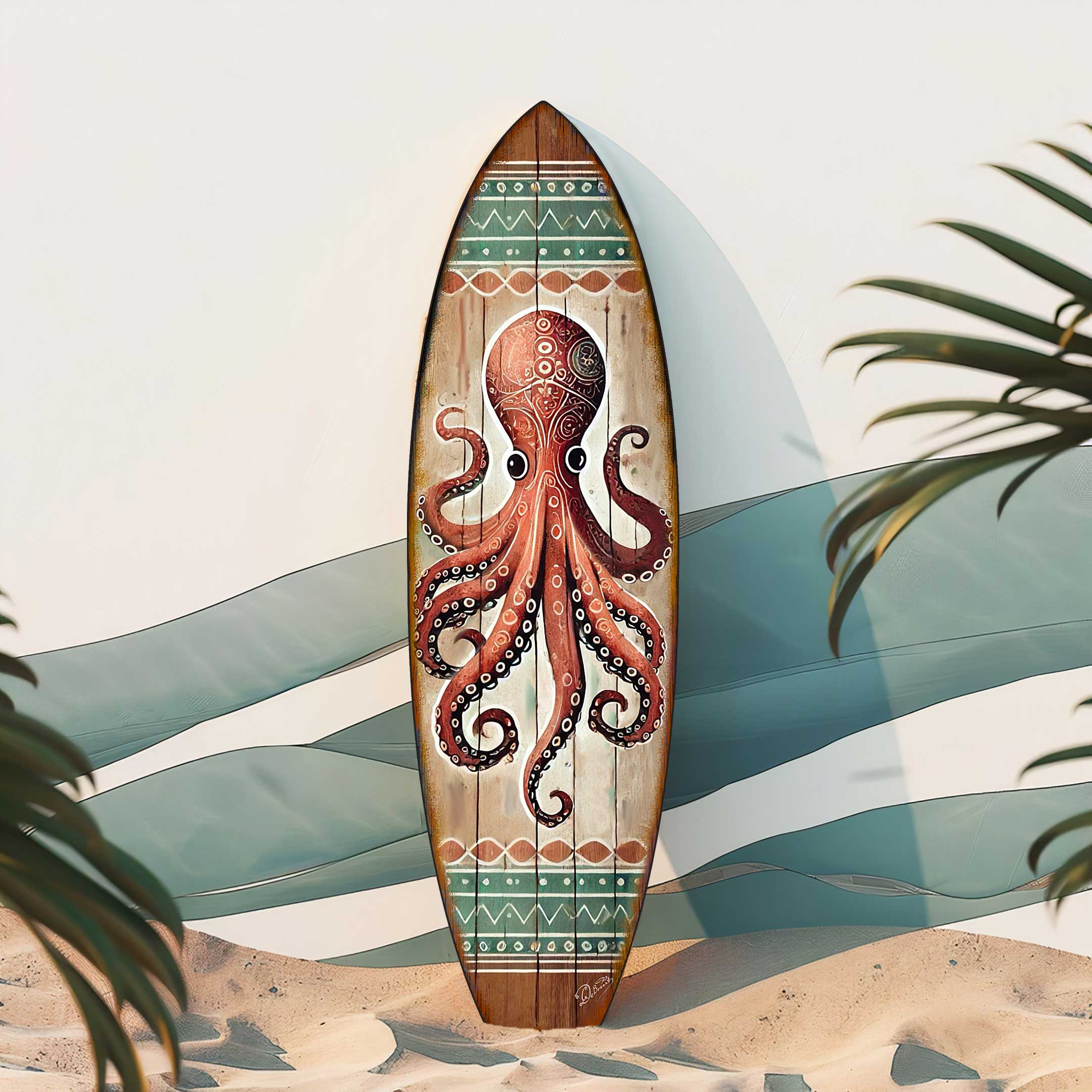 Red octopus design on handcrafted wooden surfboard wall art by G.DeBrekht, coastal indoor/outdoor decor