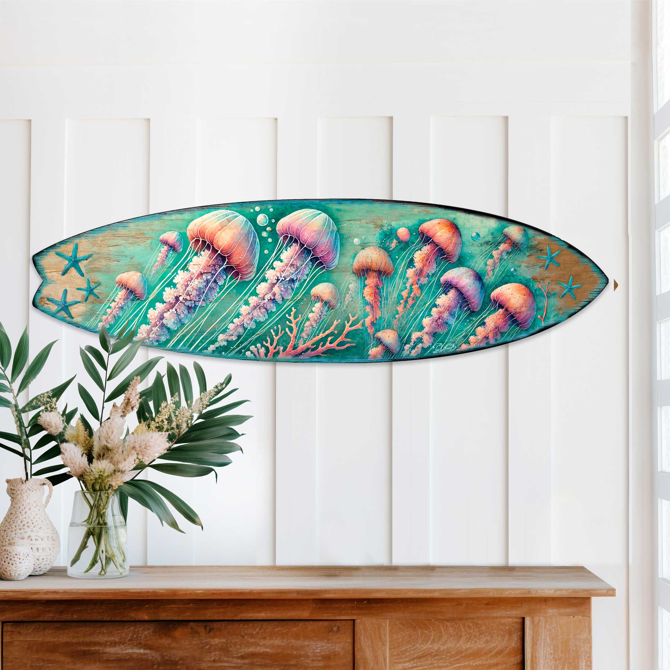 Jellyfish Surfboard Wall Art by G.DeBrekht displayed on a coastal-style porch wall