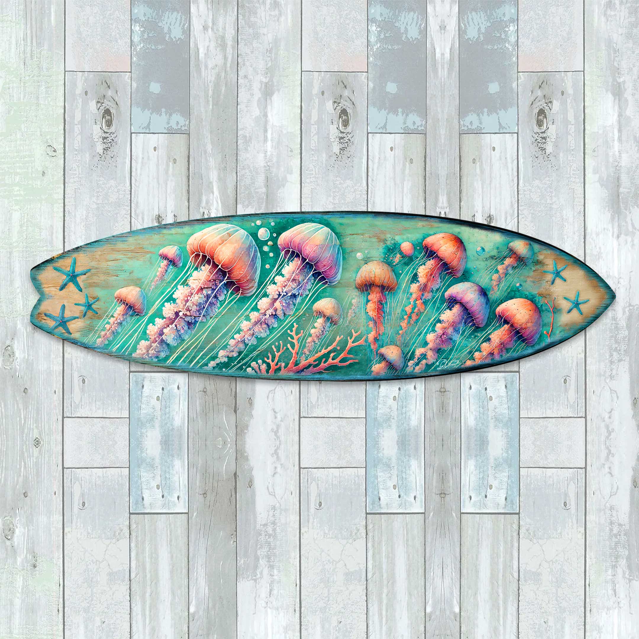 Jellyfish Surfboard Wall Art – Handcrafted Coastal Wooden Decor by G.DeBrekht