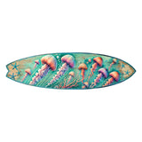 Wooden surfboard wall art painted with vibrant orange and purple jellyfish floating against a turquoise underwater background with starfish accents near the edges.