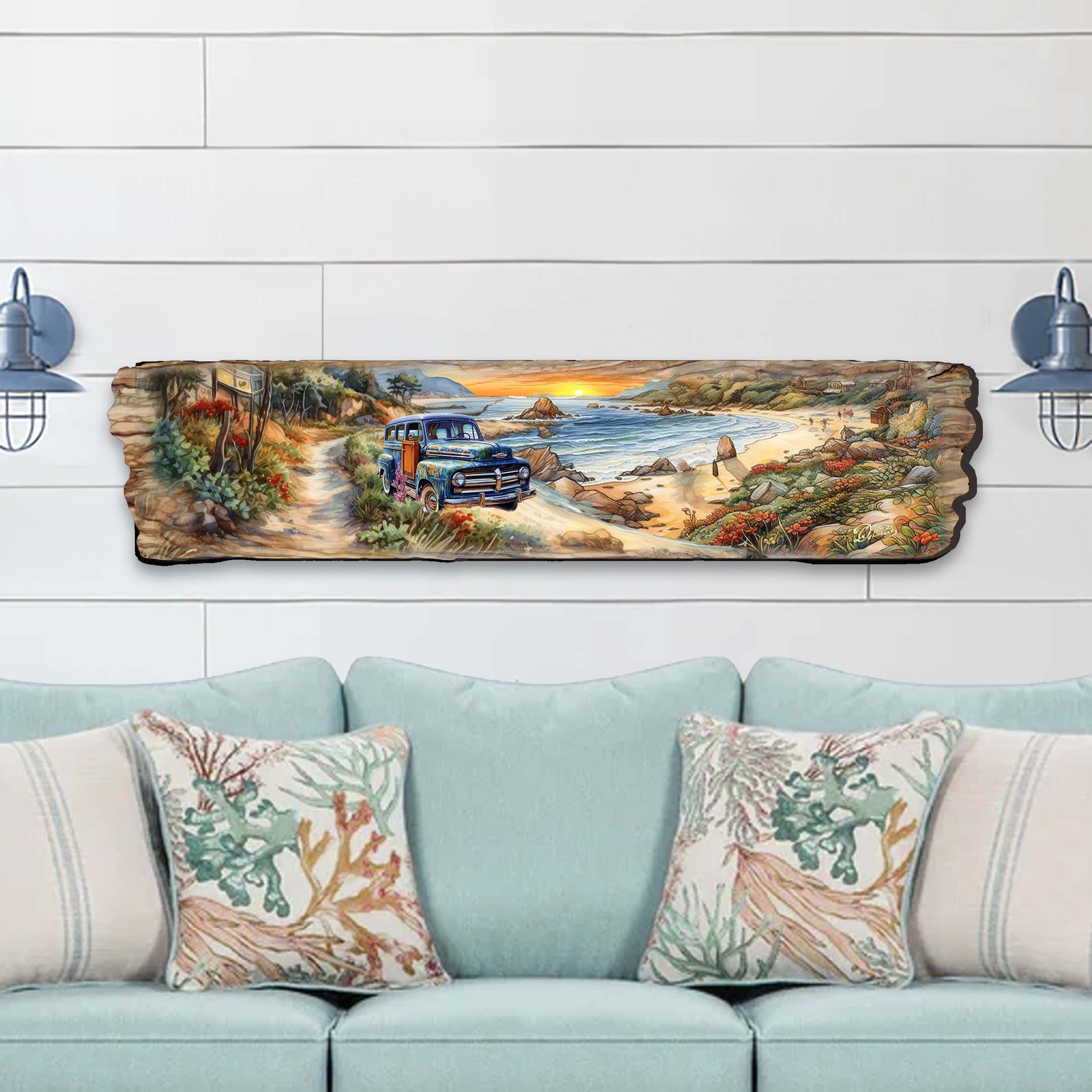 Coastal Sunrise Wooden Wall Art featuring a vintage car at sunset on a beach by G. DeBrekht