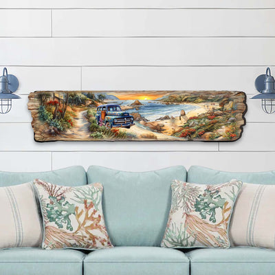 Coastal Sunrise Wooden Wall Art featuring a vintage car at sunset on a beach by G. DeBrekht