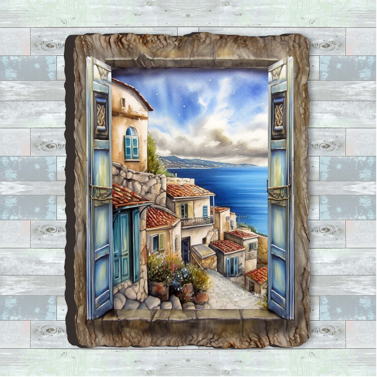 Artwork of a coastal town viewed through a stone window frame with blue shutters, showing terracotta-roofed buildings and a serene blue sea under a cloudy sky.