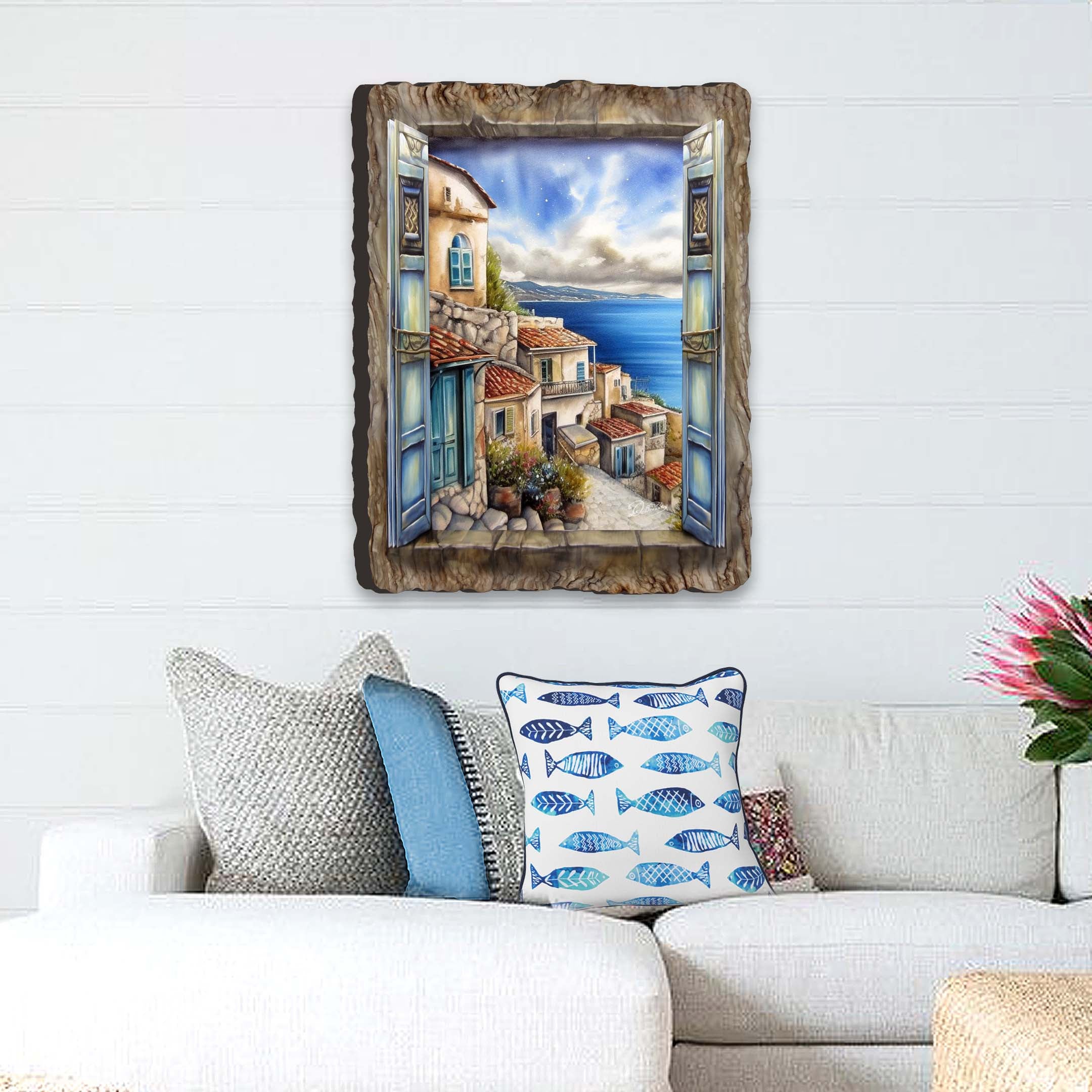 Coastal Town Window Wall Art by G. DeBrekht showing an old town and seaside view