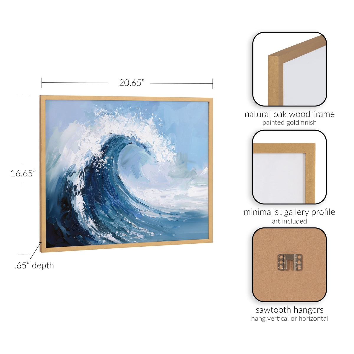 Painterly abstract ocean wave in shades of deep blue, white, and light blue, framed in a natural oak wood frame with gold finish and minimalist gallery profile.