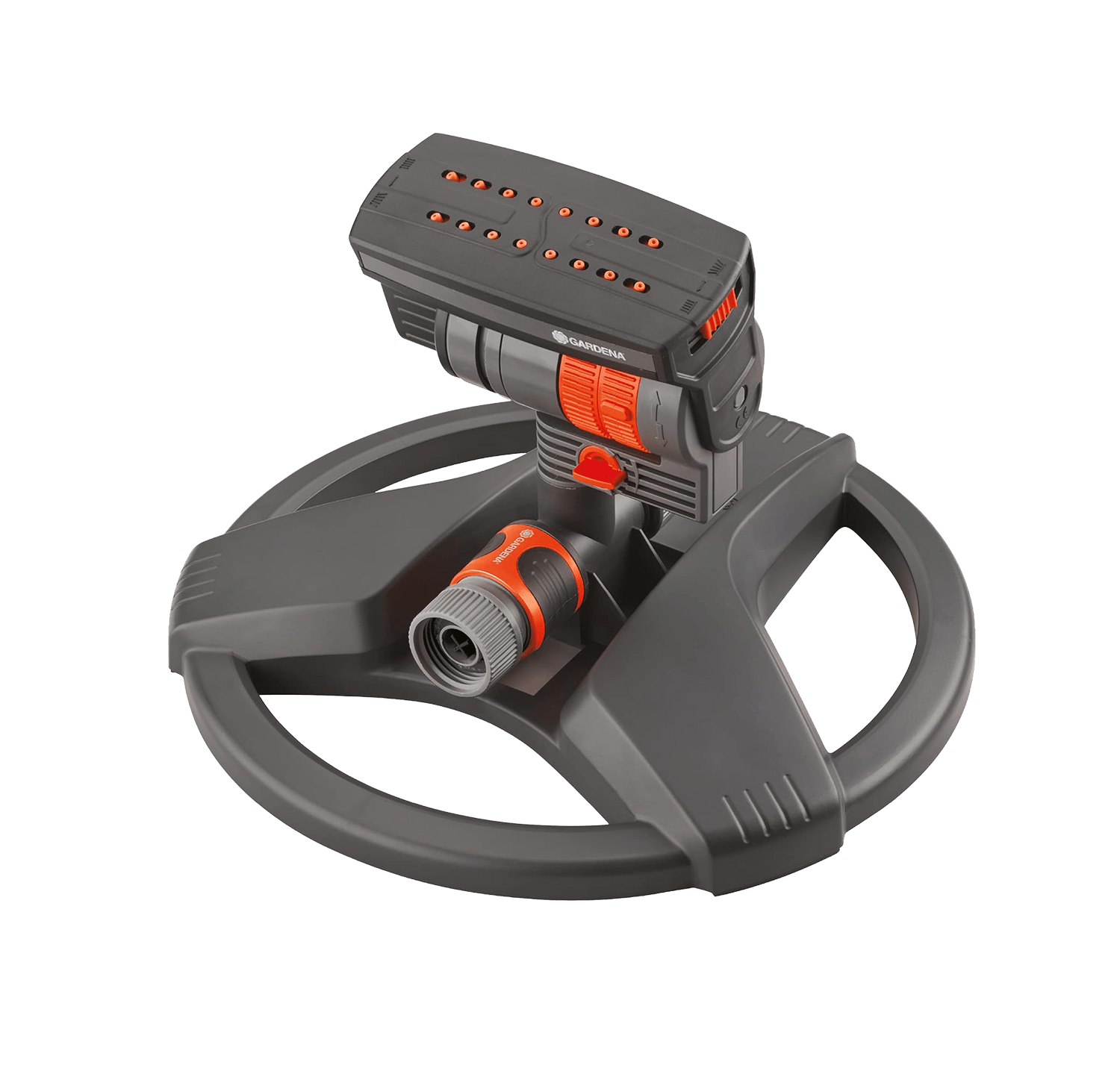 ZoomMaxx oscillating sprinkler on weighted sled base with spray water coverage