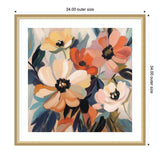 Abstract bouquet of large soft-petal flowers in pastel peach, cream, and coral with dark centers and broad blue-green leaves, framed in gold.