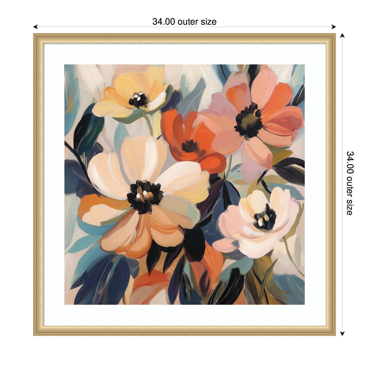 Abstract bouquet of large soft-petal flowers in pastel peach, cream, and coral with dark centers and broad blue-green leaves, framed in gold.