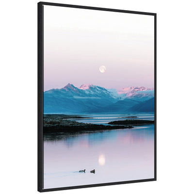 Framed canvas art depicting two ducks in a lake during a pastel moonrise over Icelandic mountains