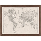 Vintage-style black and white fabric pinboard featuring a detailed linen world map framed in dark wood with labeled continents and oceans.