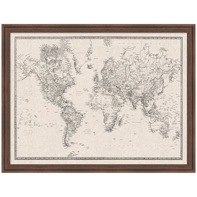Framed Fabric Pinboard Vintage Black and White Linen World Map Wall Organization