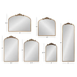 Six traditional arch mirrors in varying sizes, each with a gold frame and ornate decorative crest at the top center, shown with dimensions in inches.