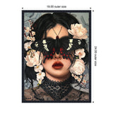 Portrait of a woman with dark hair and lace attire, a large black and red butterfly covering her eyes, surrounded by white and pale pink flowers in her hair.