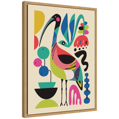 Ibis by Rachel Lee framed canvas wall art print showing ibis bird in profile with geometric shapes in natural frame