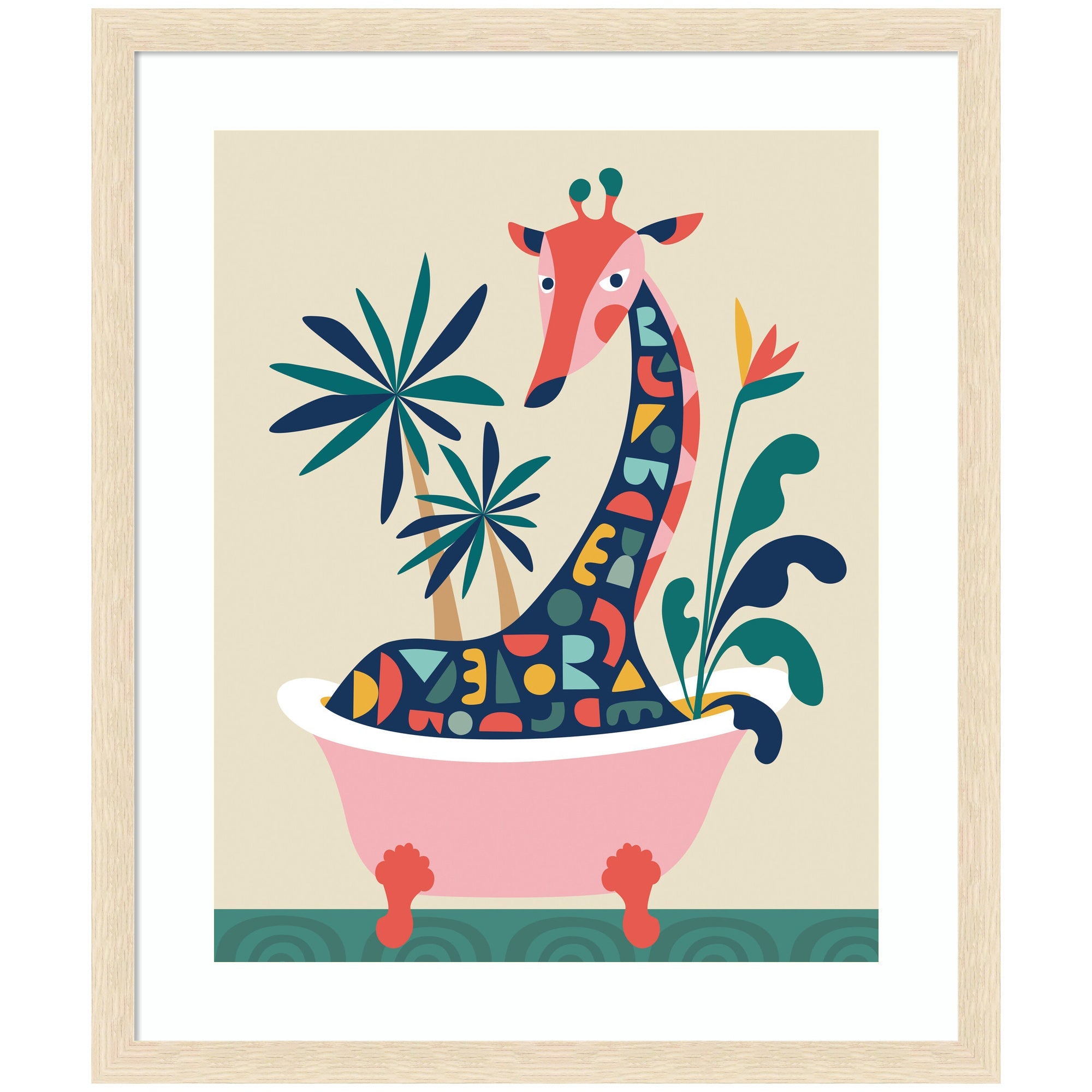 Framed printed art of a giraffe sitting in a bathtub surrounded by colorful abstract geometric and plant shapes