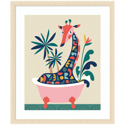 Framed printed art of a giraffe sitting in a bathtub surrounded by colorful abstract geometric and plant shapes
