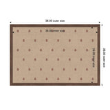 Rectangular pinboard with a brown wooden frame and a beige fabric interior patterned with small red botanical block prints, labeled with outer and inner size dimensions.