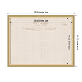 Rectangular framed fabric pinboard with a linen texture printed as a vintage postcard back, showing inner size 24x18 inches and outer size 26x20 inches.