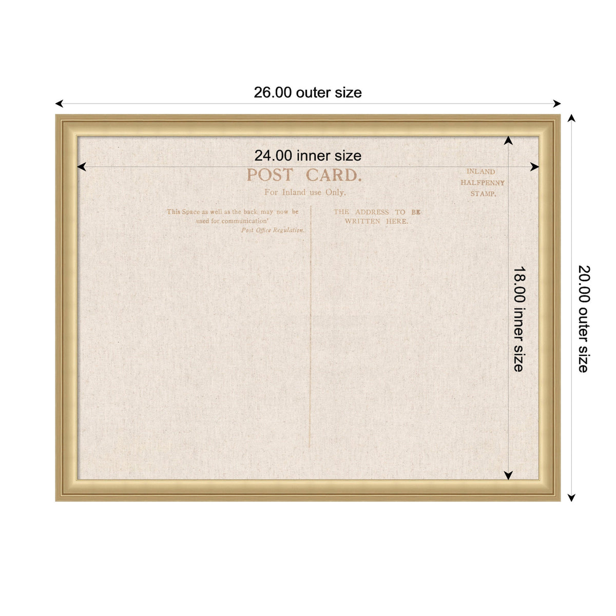 Rectangular framed fabric pinboard with a linen texture printed as a vintage postcard back, showing inner size 24x18 inches and outer size 26x20 inches.