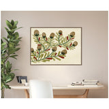 Framed canvas print featuring botanical illustration with green leaves and brown pinecone-like clusters on beige background, hung above a white desk with books and chair.
