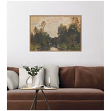Impressionist landscape painting depicting a river flanked by trees under a cloudy sky, framed and hung above a brown sofa with gray cushions in a minimalist living room.