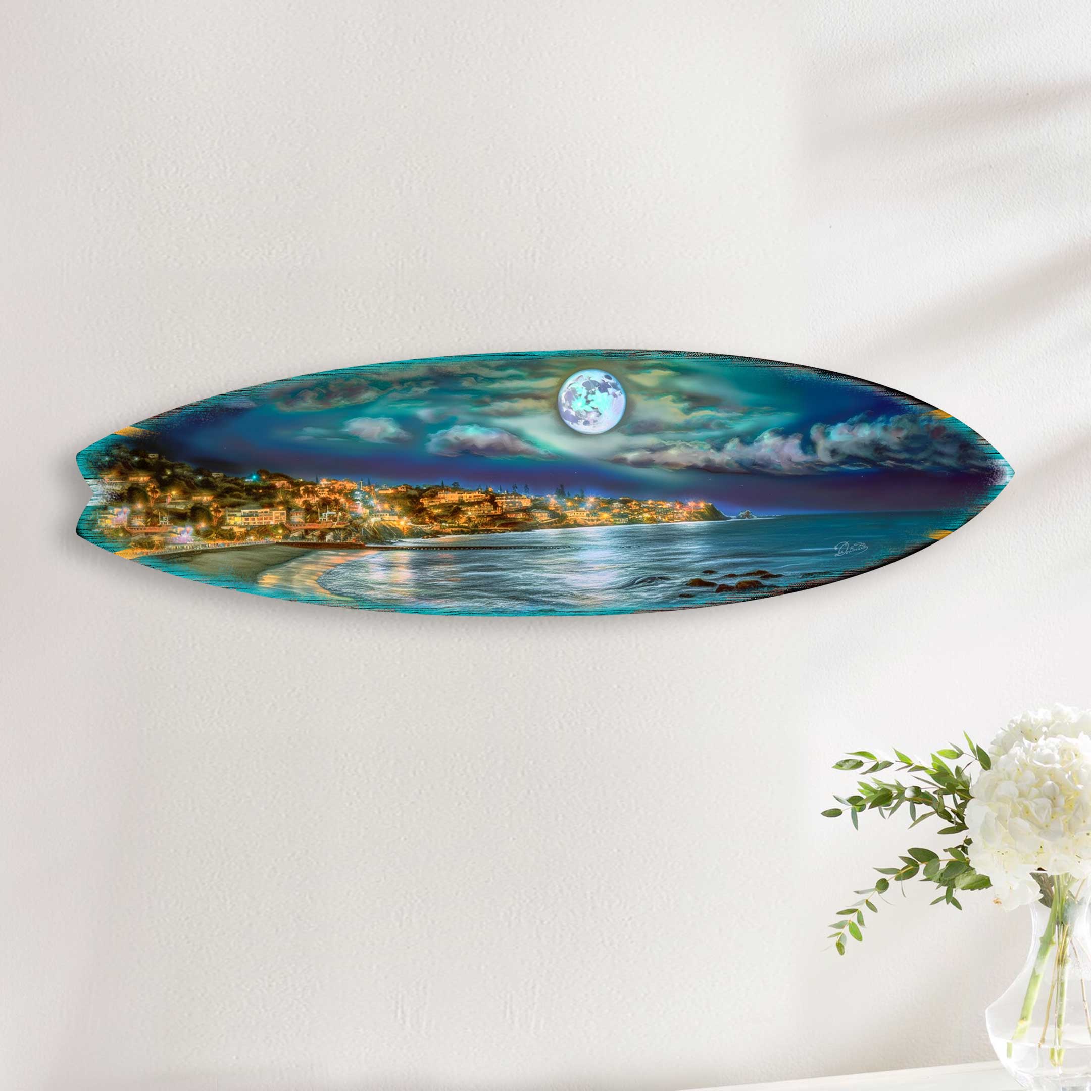 Surfboard Coastal Wall Art - Full Moon Night Wall Art by G. DeBrekht