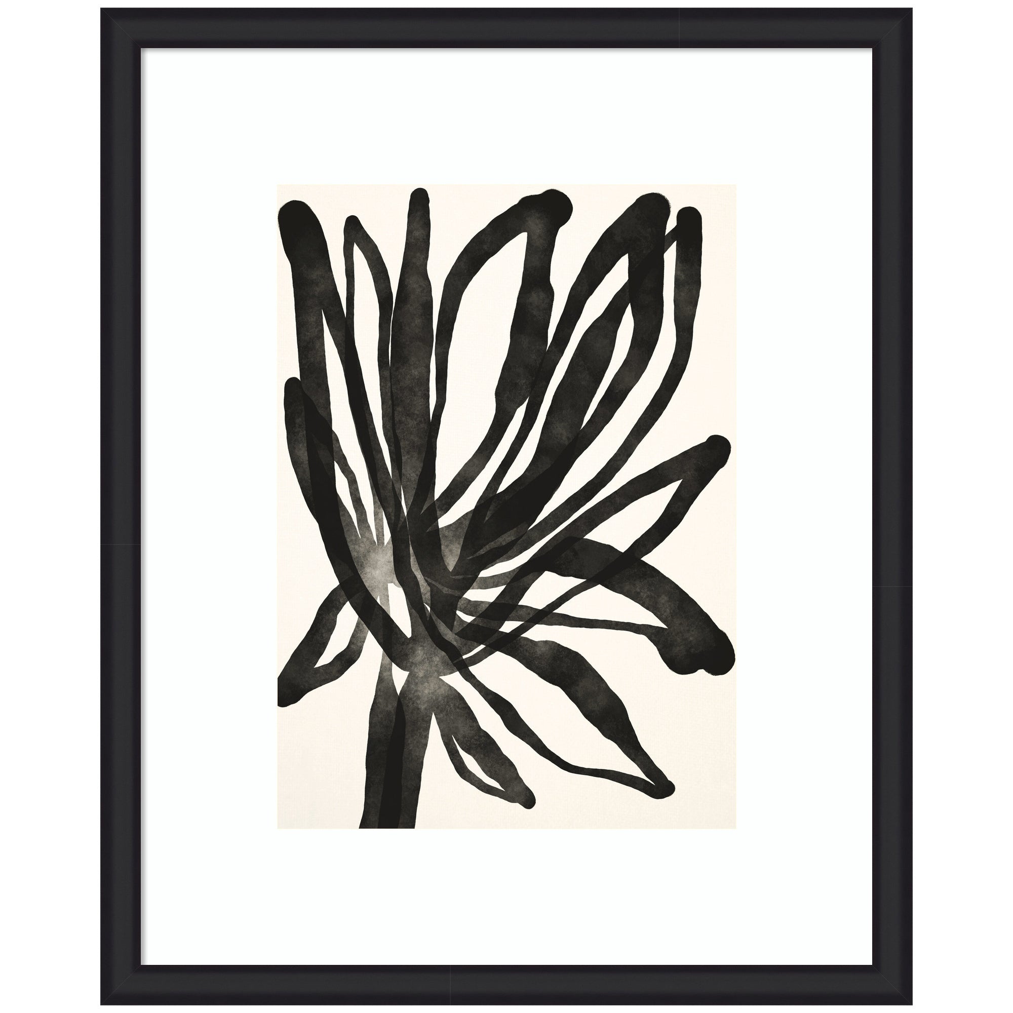 Framed Art Dark Floral by Alicia Bock showing black abstract flowing lines on light background in a Modern Contemporary frame