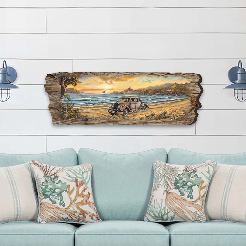 Vintage Car at the Beach wooden wall art showing a classic car at sunset on a beach scene, crafted in wood with rich coastal tones.