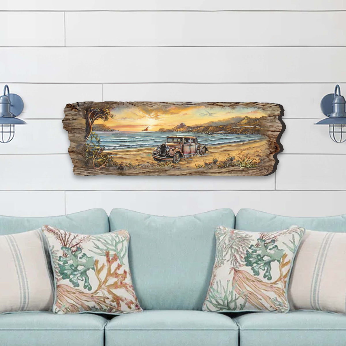 Vintage Car at the Beach wooden wall art showing a classic car at sunset on a beach scene, crafted in wood with rich coastal tones.