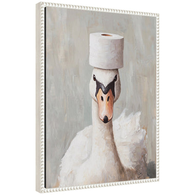 Framed canvas art of white swans with a toilet paper roll, titled Sylvie Toilet Paper Roll on White Swans Head Bathroom Art