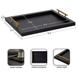 Rectangular black wooden tray with raised edges, brass metal handles, and visible woodgrain, shown with dimension labels and detail insets.