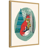 Framed canvas art of a red fox wearing a patterned scarf surrounded by abstract triangular trees and snowflakes on a teal background