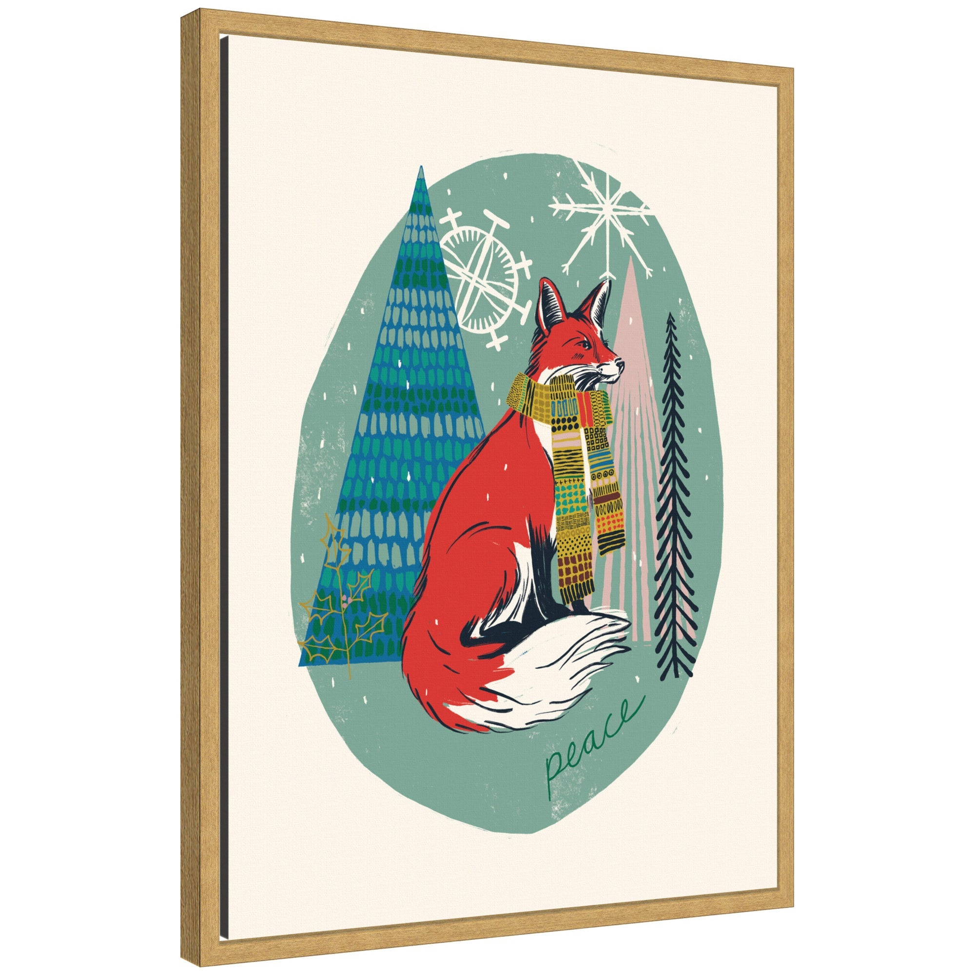 Framed canvas art of a red fox wearing a patterned scarf surrounded by abstract triangular trees and snowflakes on a teal background