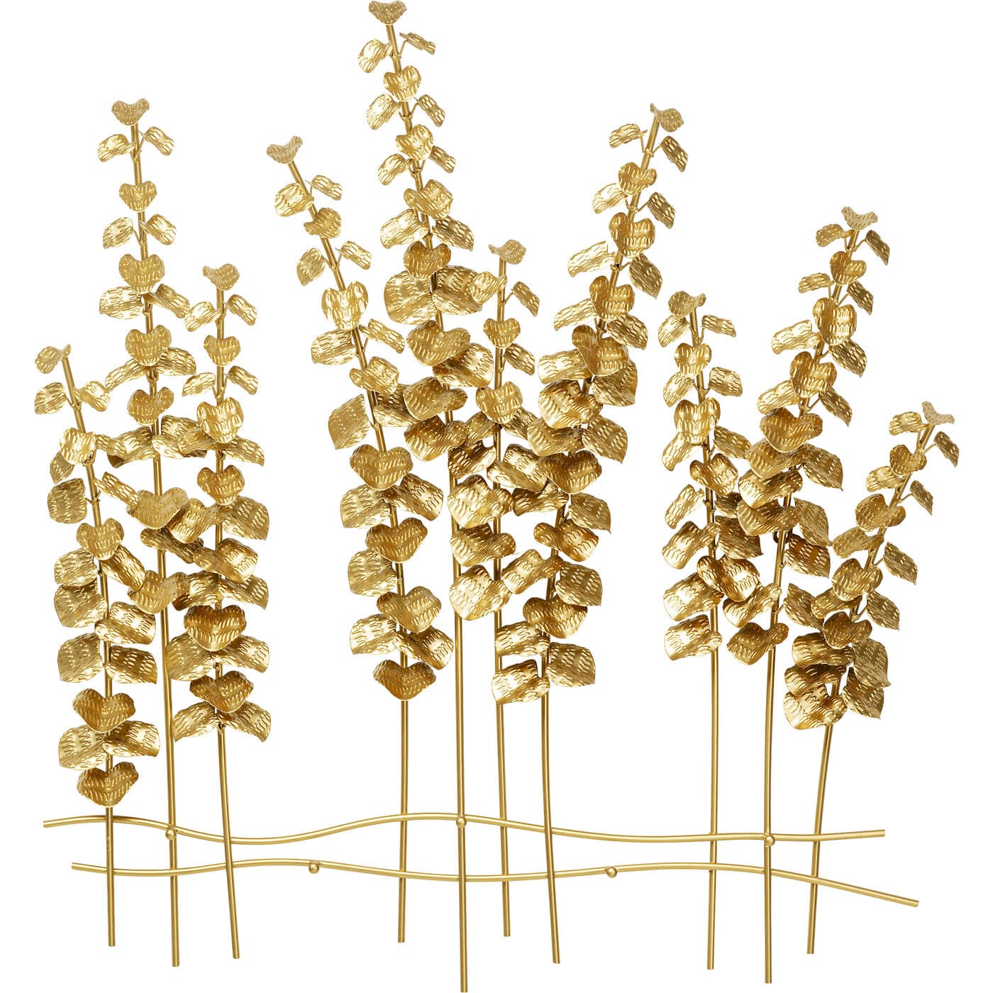 Wall-mounted coat rack with golden branches and leaf motifs against a white wall