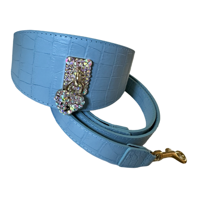 Del Mar Collar & Leash Set in matte baby blue embossed croc Italian leather featuring Swarovski Crystal Heart Locket
