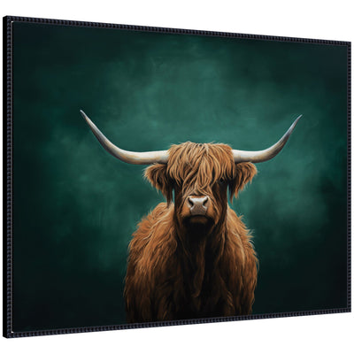 Framed canvas wall art print featuring a detailed portrait of a Highland cow with tonal teal green abstract background in Sylvie Beaded Black frame