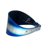 Blue and white gradient leather collar with a textured, scale-like pattern and a metal buckle closure, shaped in a wide band narrowing at the buckle.