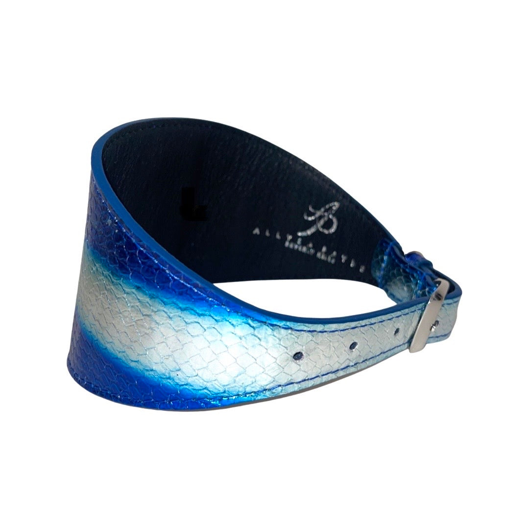 Blue and white gradient leather collar with a textured, scale-like pattern and a metal buckle closure, shaped in a wide band narrowing at the buckle.