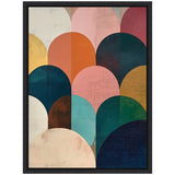 Abstract geometric canvas with overlapping rounded arch shapes in jewel tones including teal, navy, orange, pink, and mustard, framed in black.