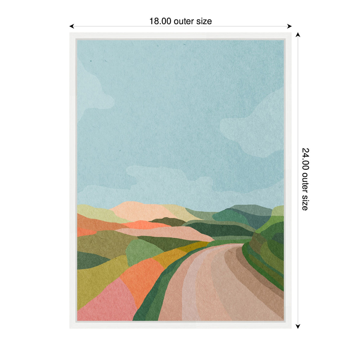 Abstract landscape with a winding road through green, pink, and orange hills under a blue sky with soft clouds, in a white frame.